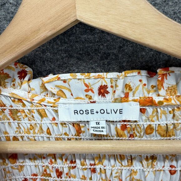 Rose + Olive Blouse Women 1X Plus White Floral V-Neck 3/4 Sleeve Tasseled Casual - Picture 3 of 7